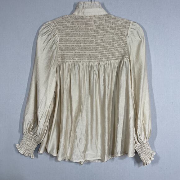 Pomander Place Top Women XS Beige Cottagecore Peasant Boho Prairie Flowy Smocked - Picture 2 of 8